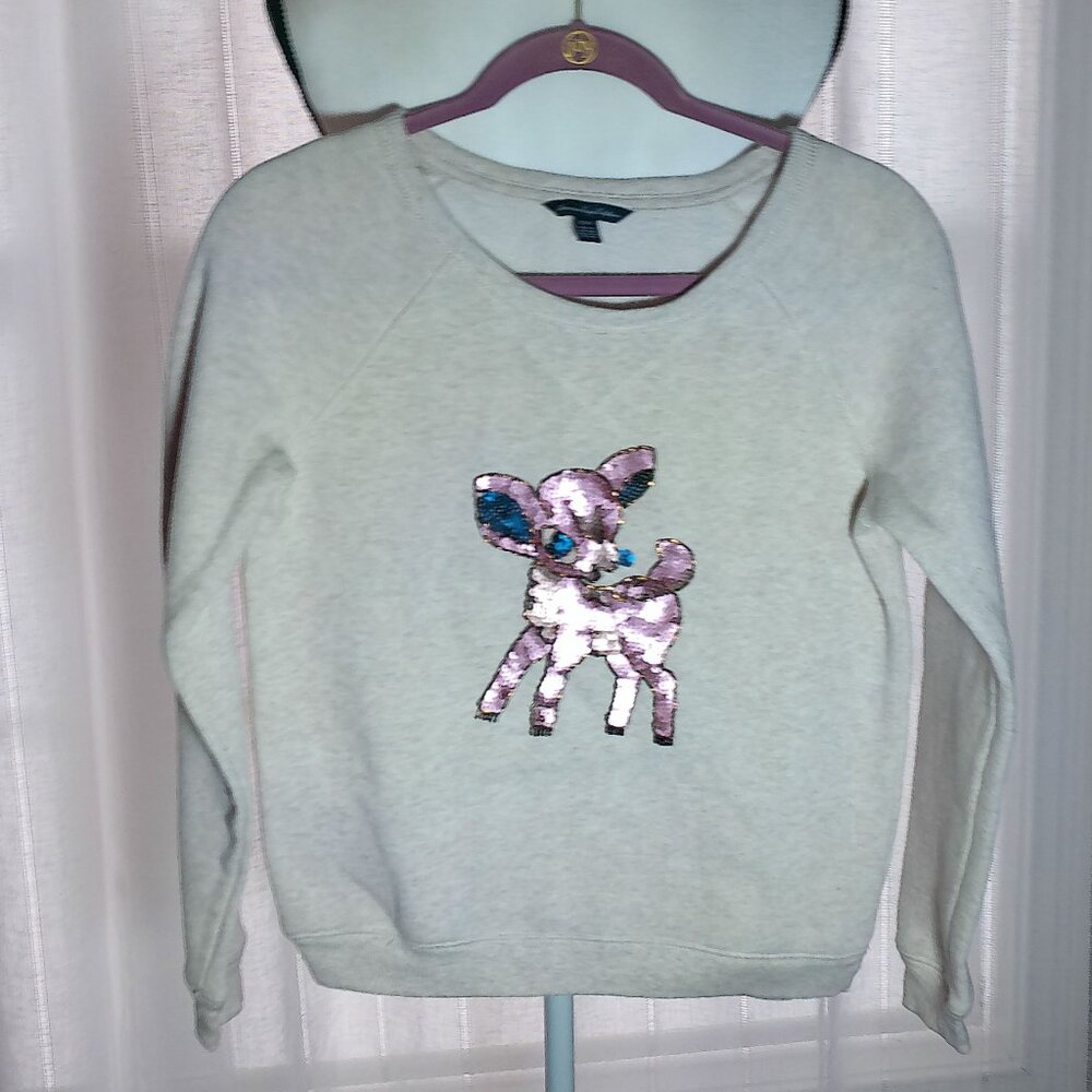 AMERICAN EAGLE OUTFITTERS Sweatshirt Crew Neck Gray w/Sequins Bambi Figure XS